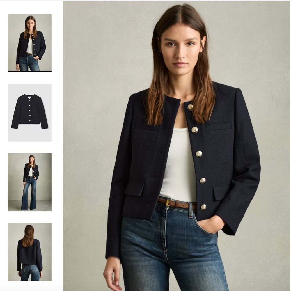 REISS Nola Cropped Wool Single Breasted Jacket in Navy